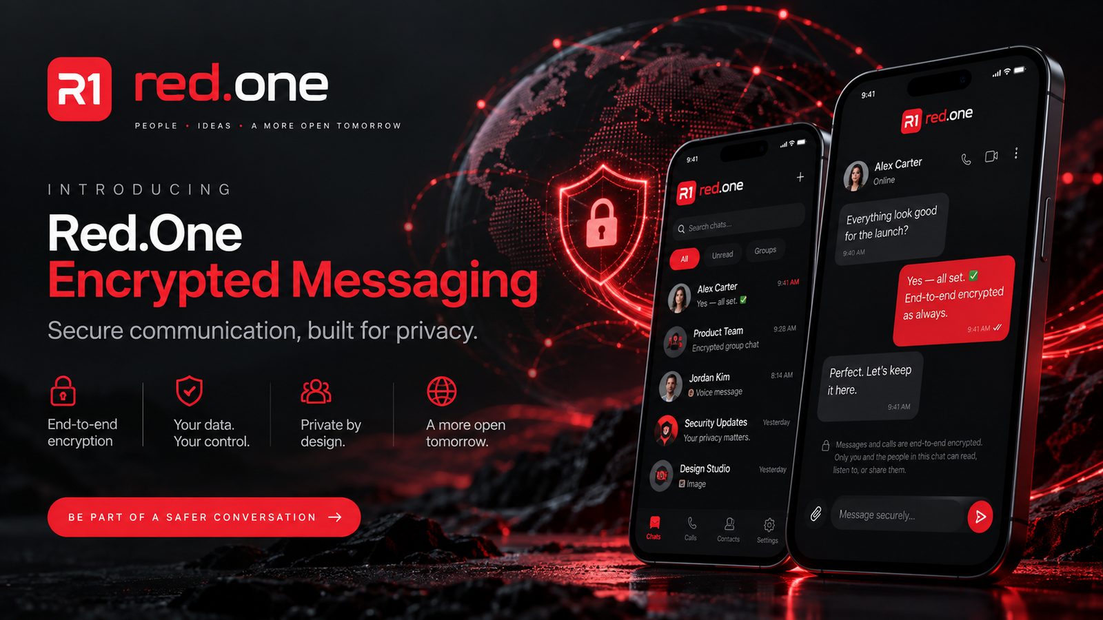Introducing Red.One Encrypted Messaging: secure communication, built for privacy. Two smartphones show an encrypted team chat, with end-to-end encryption, your data under your control, and private-by-design messaging.