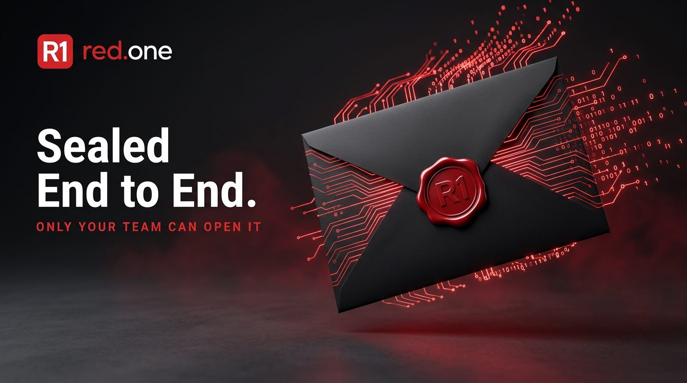 Sealed End to End. Only your team can open it. A black envelope closed with a red Red.One wax seal, surrounded by glowing encrypted data.