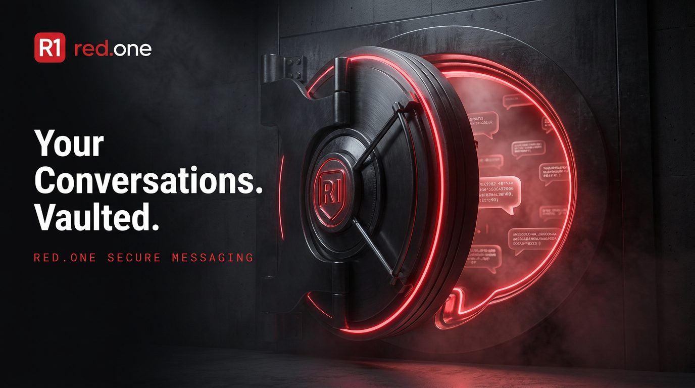 Your Conversations. Vaulted. Red.One Secure Messaging. A heavy vault door glowing red opens to reveal protected chat messages inside.