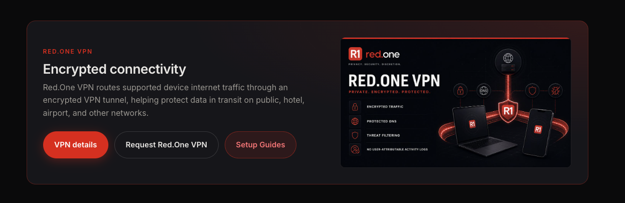 Red.One VPN — encrypted traffic, protected DNS, threat filtering